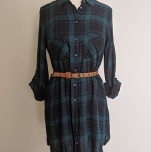 Navy and green flannel shirt dress